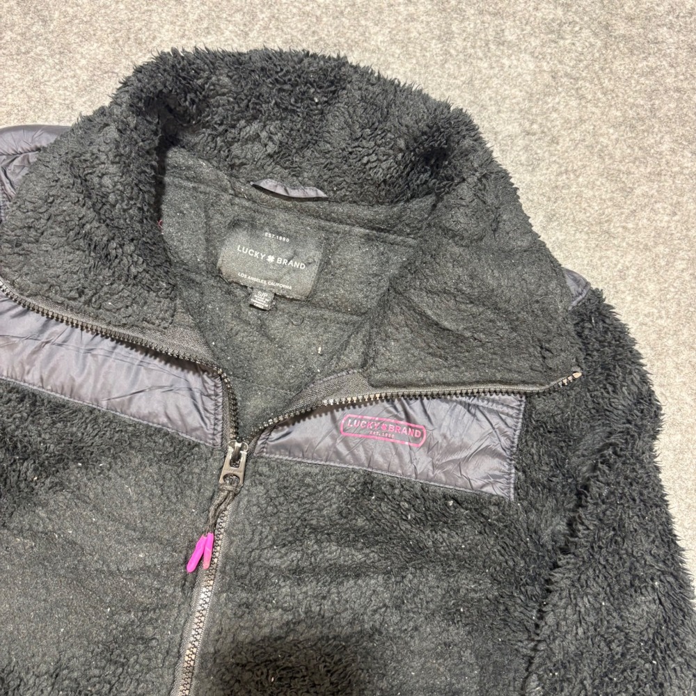 Lucky Brand Womens Black Sherpa Fleece Zip Up Jacket Pink Trim Size Small - Picture 2 of 6